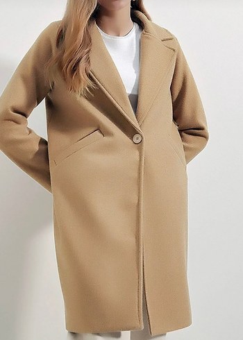 Tek Düğmeli Bej Kadın Kaban koton - Görsel 3