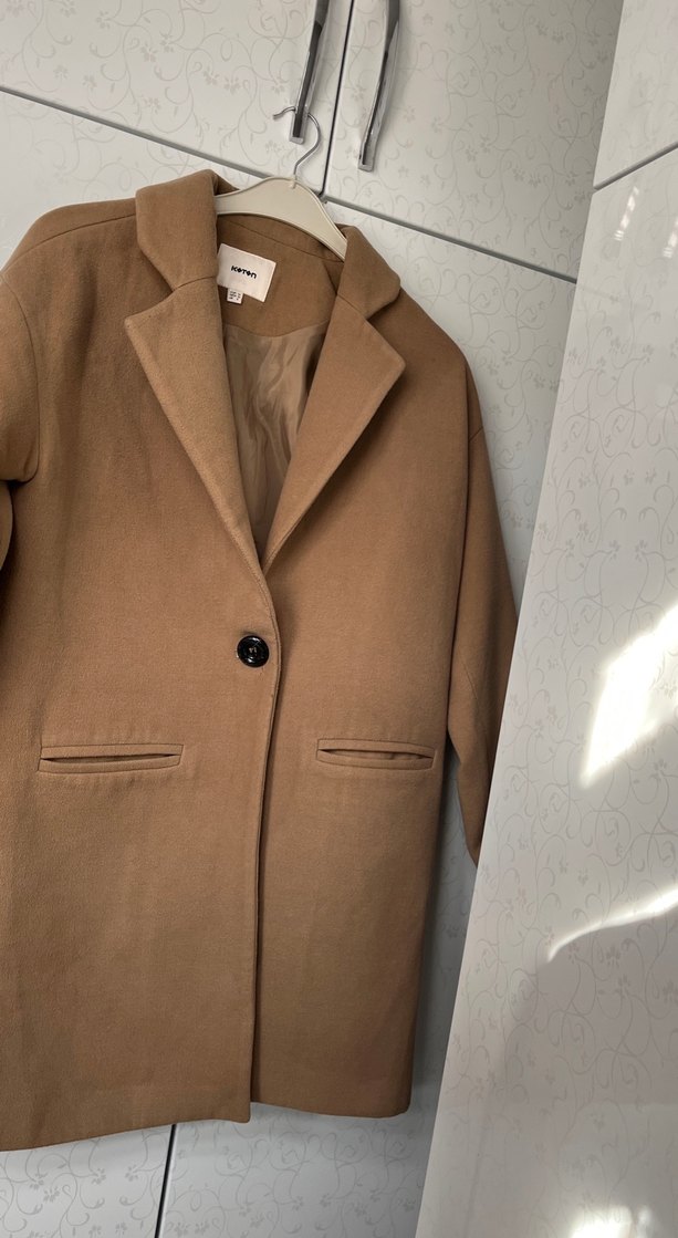 Tek Düğmeli Bej Kadın Kaban koton - Görsel 4