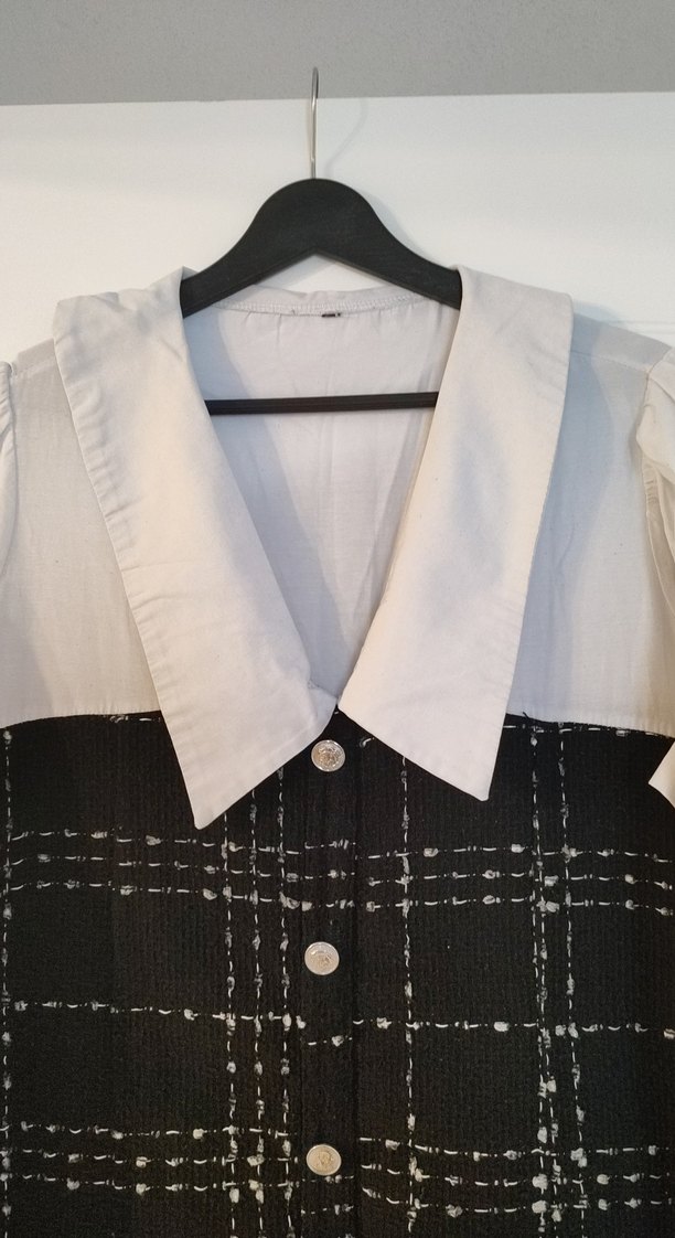 Düğmeli Siyah-Beyaz Kareli elbise - Görsel 2