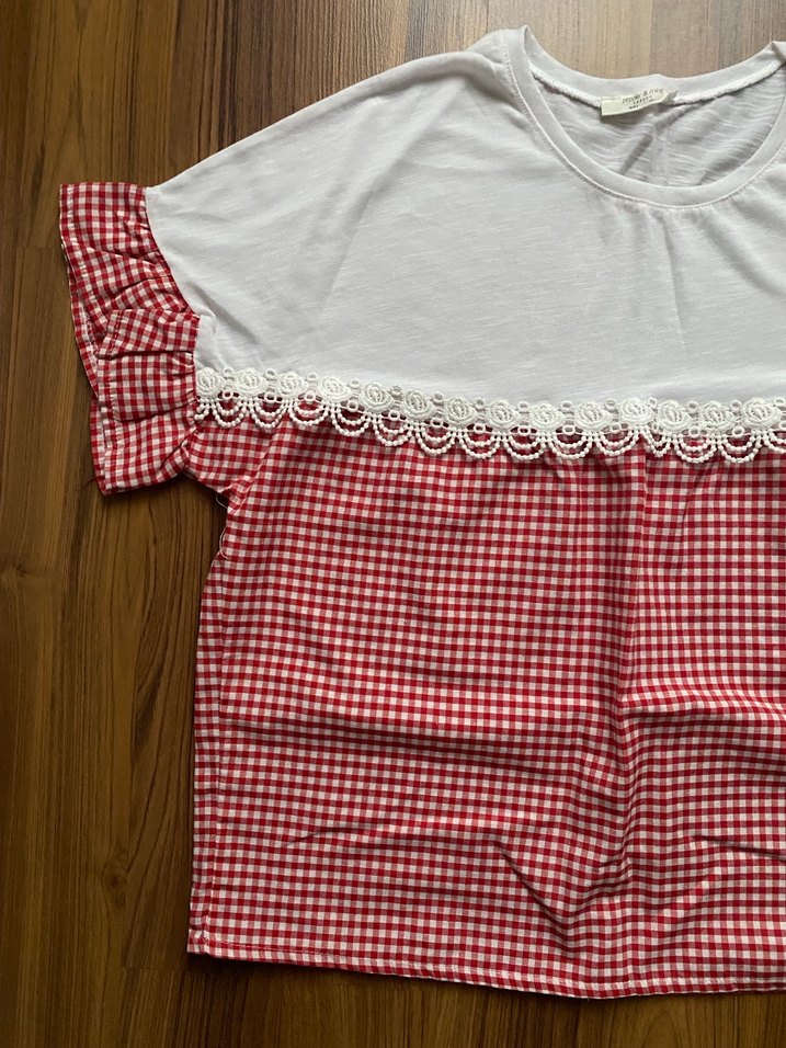 Ekose Desenli Nakışlı Tişört - Görsel 2