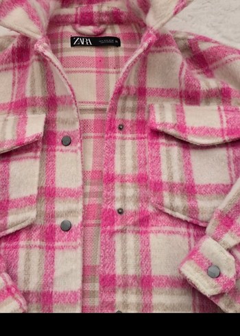 s Beden zara Düğmeli Pembe Ekose Kadın Mini kışlık ceket