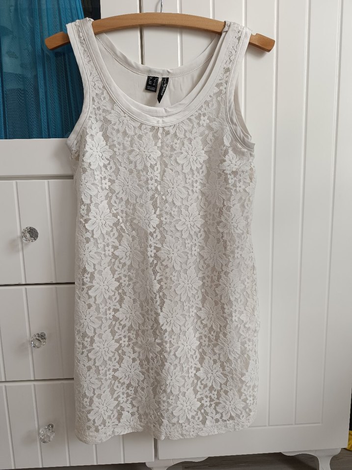 Beyaz Tül Detaylı Düz Elbise - Görsel 3