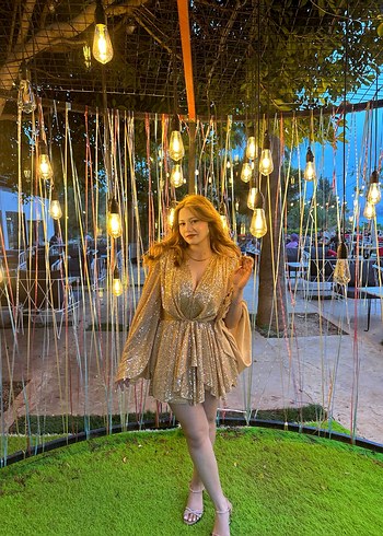 Altın Rengi Mini Yılan Desenli Kadın Elbise - Görsel 4