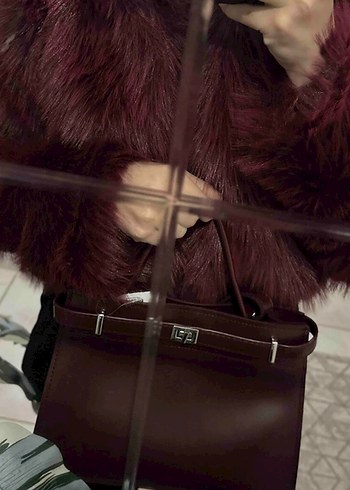 Bordo Desenli Suni Kürk Midi Ceket - Görsel 3