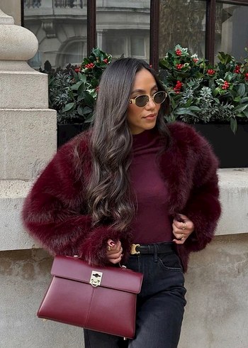 Bordo Desenli Suni Kürk Midi Ceket - Görsel 2