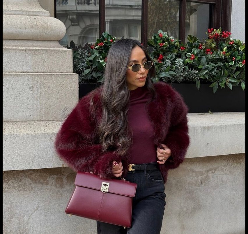 Bordo Desenli Suni Kürk Midi Ceket - Görsel 2