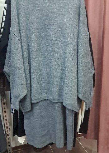 Gri Uzun Kollu Boğazlı Örgü Kadın Kazak Takım - Görsel 2