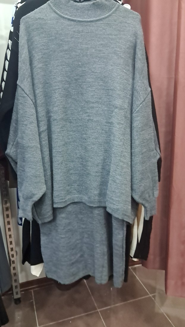 Gri Uzun Kollu Boğazlı Örgü Kadın Kazak Takım - Görsel 2