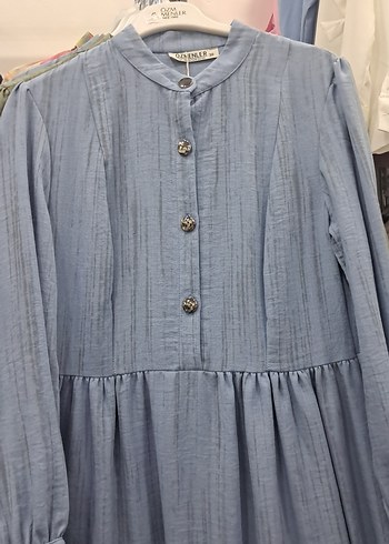 Düğmeli Mavi Uzun Keten Elbise - Görsel 3