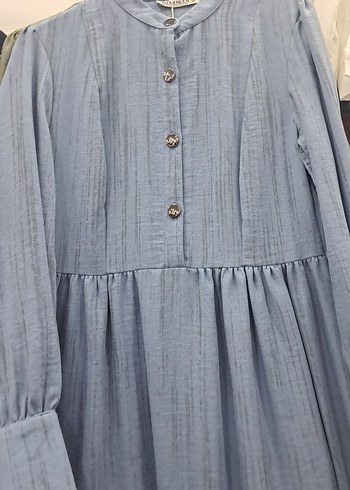 Düğmeli Mavi Uzun Keten Elbise - Görsel 2