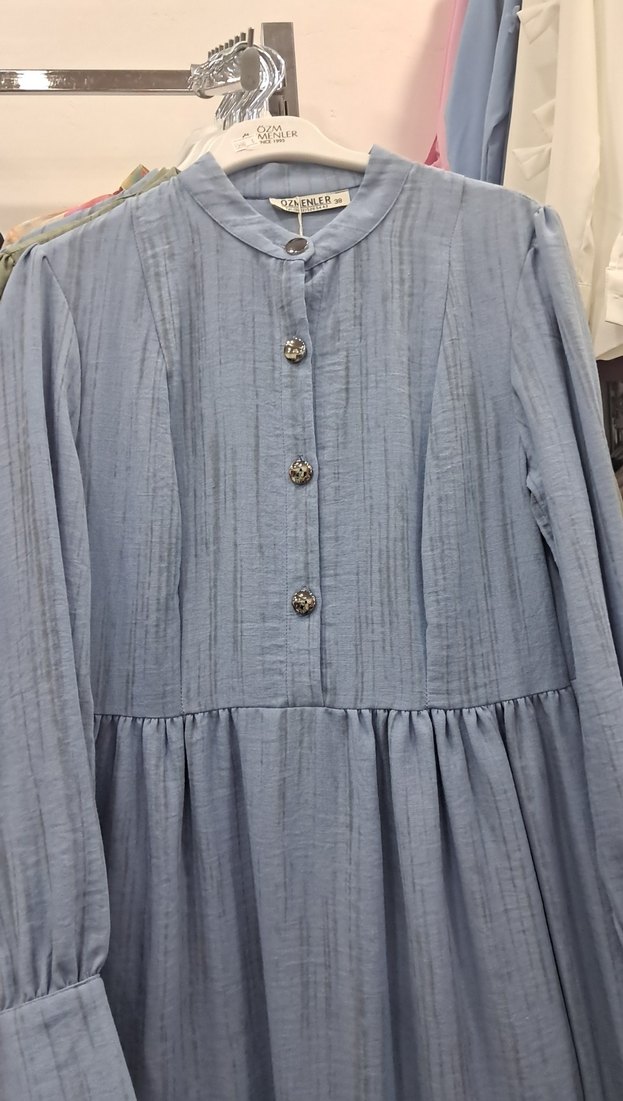 Düğmeli Mavi Uzun Keten Elbise - Görsel 3