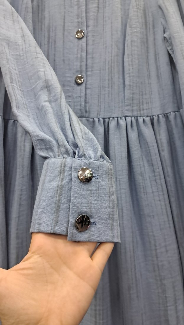 Düğmeli Mavi Uzun Keten Elbise - Görsel 4