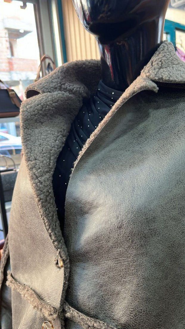 Kürk Detaylı Gri Süet Kısa Ceket - Görsel 3