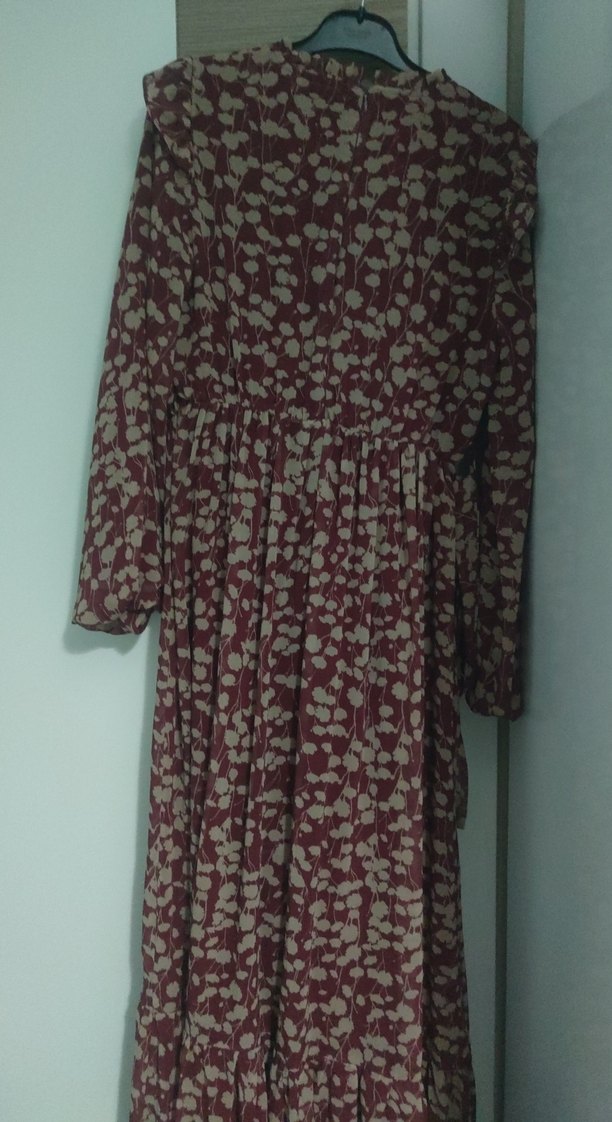 Bordo Bohem Uzun Kollu Fırfırlı Elbise - Görsel 3