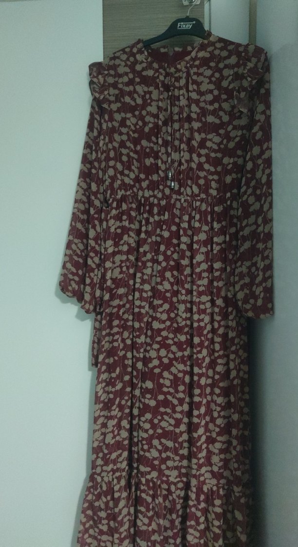 Bordo Bohem Uzun Kollu Fırfırlı Elbise - Görsel 2