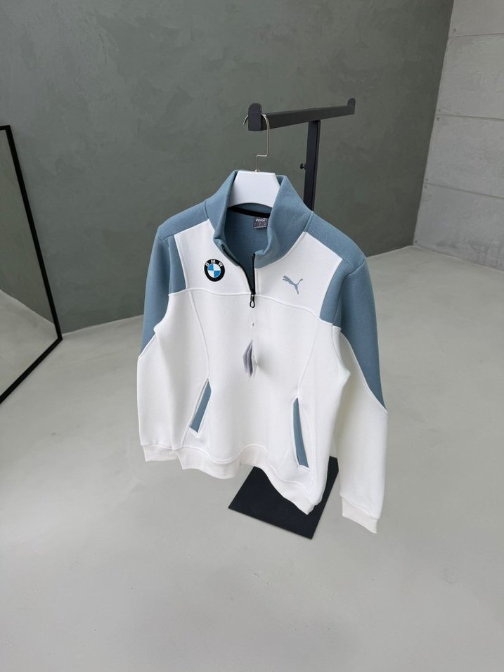 Beyaz Gri Fermuarlı Erkek Sweatshirt - Görsel 2