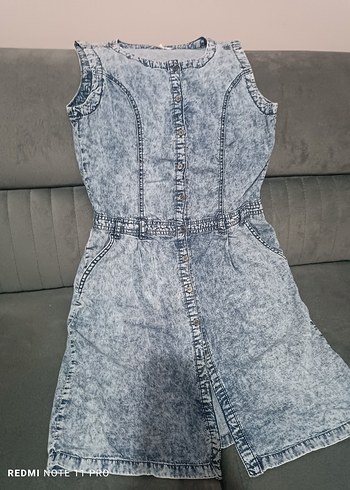 Kız Çocuk Gri Denim Düğmeli Tulum - Görsel 2