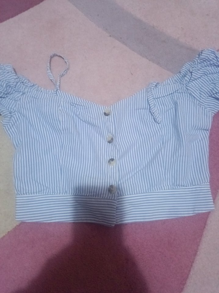 Mavi Çizgili Mini Düğmeli Kadın Bluz - Görsel 2