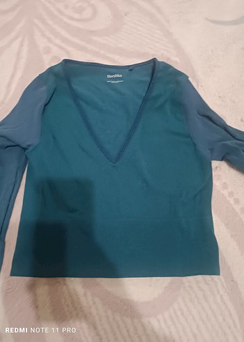 V Yaka Uzun Kollu Kadın Bluz - Mavi - Görsel 4