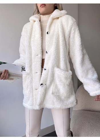 Kadın Beyaz Midi Boy Kürk Detaylı Ceket - Görsel 4