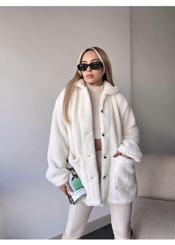 Kadın Beyaz Midi Boy Kürk Detaylı Ceket - Görsel 5