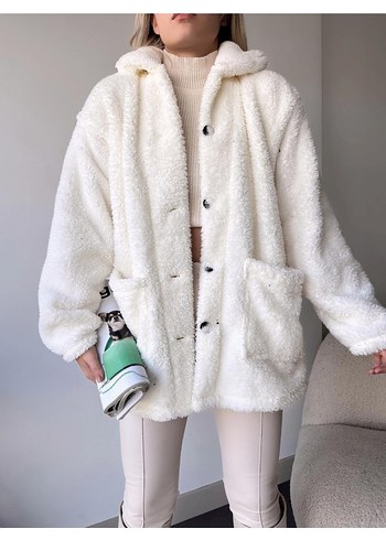 Kadın Beyaz Midi Boy Kürk Detaylı Ceket - Görsel 3