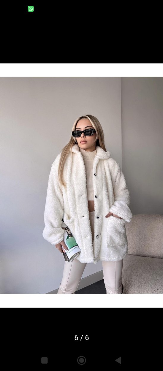 Kadın Beyaz Midi Boy Kürk Detaylı Ceket - Görsel 5