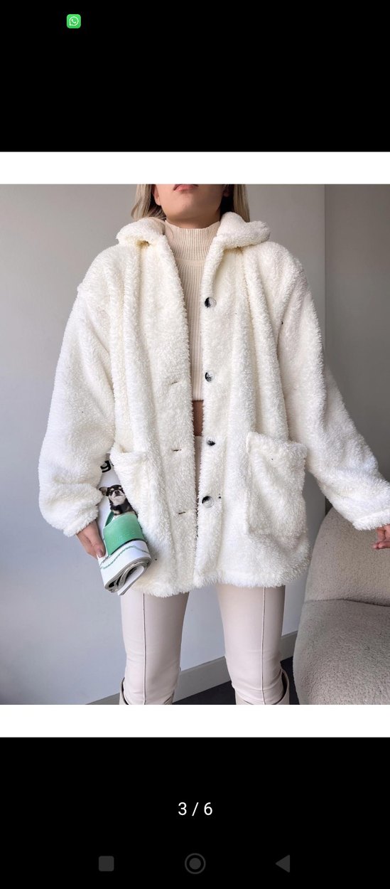 Kadın Beyaz Midi Boy Kürk Detaylı Ceket - Görsel 3