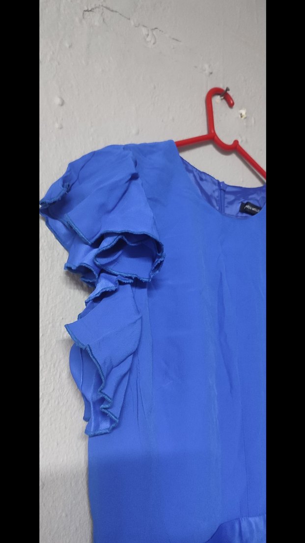 Mavi Kısa Kollu Fırfırlı Kadın Tulum - Görsel 5