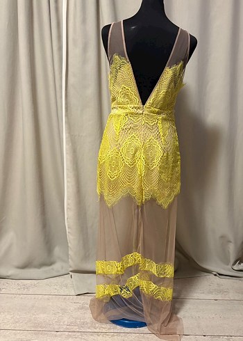 Sarı Nakışlı Uzun Dantelli Kadın Elbise - Görsel 3