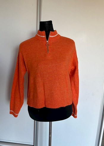 Turuncu Yarım Fermuarlı Örgü Kadın Kazak - Görsel 2