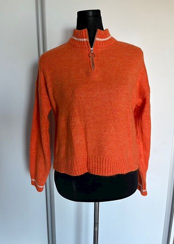 Turuncu Yarım Fermuarlı Örgü Kadın Kazak - Görsel 3