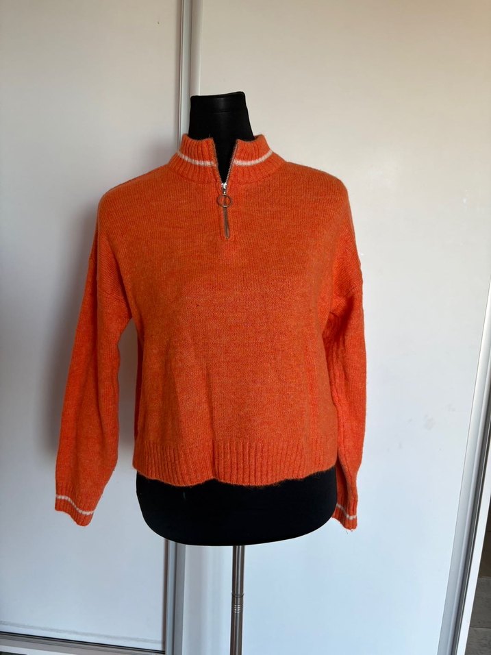 Turuncu Yarım Fermuarlı Örgü Kadın Kazak - Görsel 2