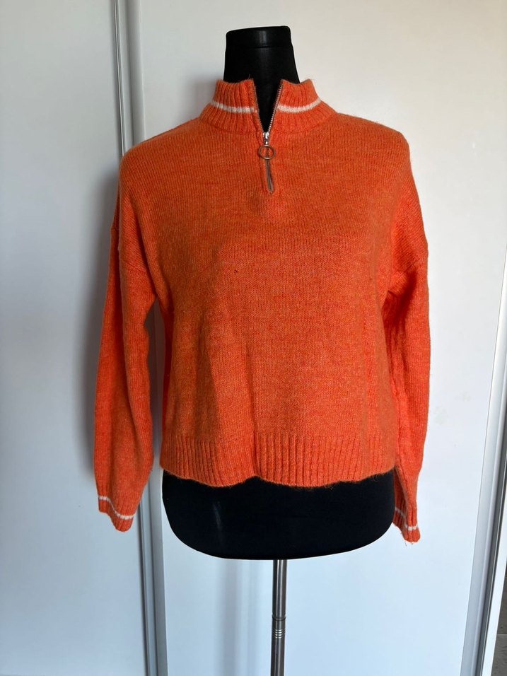 Turuncu Yarım Fermuarlı Örgü Kadın Kazak - Görsel 3