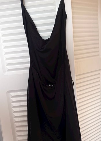 Siyah Drapeli Uzun V Yakalı Kadın Elbise - Görsel 2