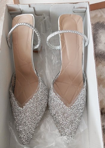 Gri Yılan Desenli Simli Stiletto Kadın Ayakkabı - Görsel 3