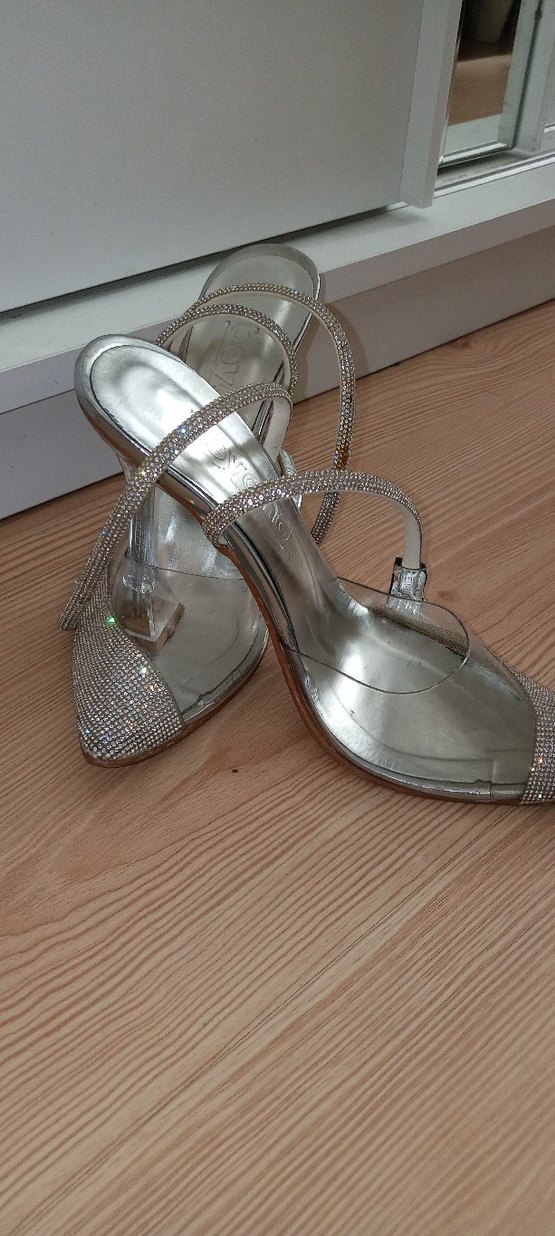 Gri Parlak Taşlı Stiletto Abiye Ayakkabı - Görsel 4