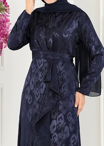 Lacivert Uzun Kollu Bağlamalı Abiye Elbise - Görsel 2