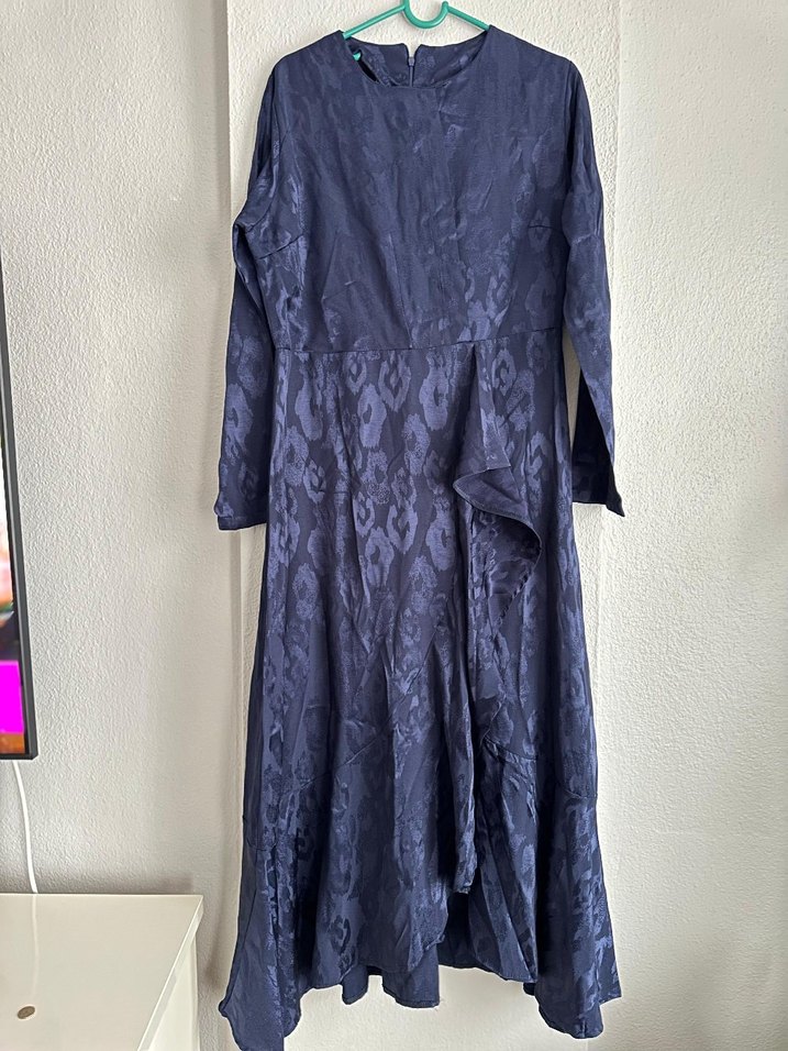 Lacivert Uzun Kollu Bağlamalı Abiye Elbise - Görsel 4