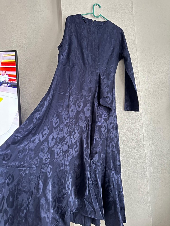 Lacivert Uzun Kollu Bağlamalı Abiye Elbise - Görsel 3