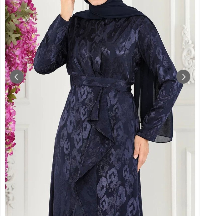 Lacivert Uzun Kollu Bağlamalı Abiye Elbise - Görsel 2