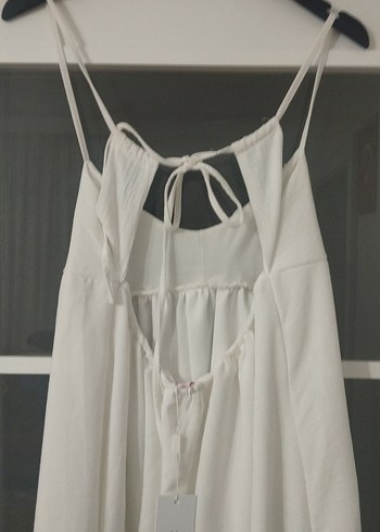Kadın Beyaz Keten Uzun Askılı Elbise - Görsel 5