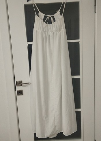 Kadın Beyaz Keten Uzun Askılı Elbise - Görsel 2