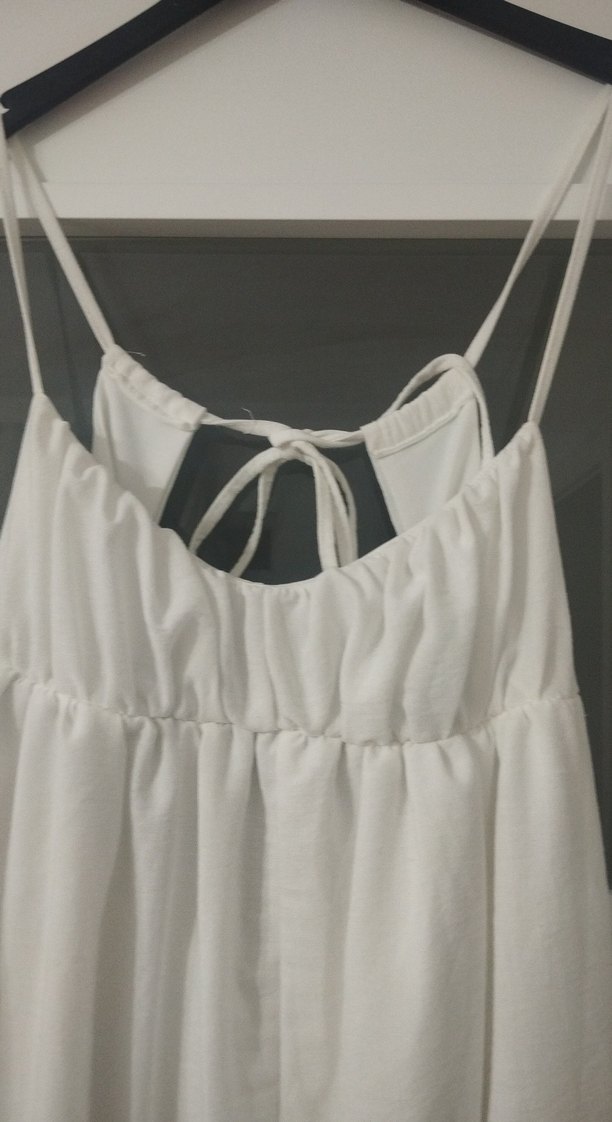 Kadın Beyaz Keten Uzun Askılı Elbise - Görsel 3