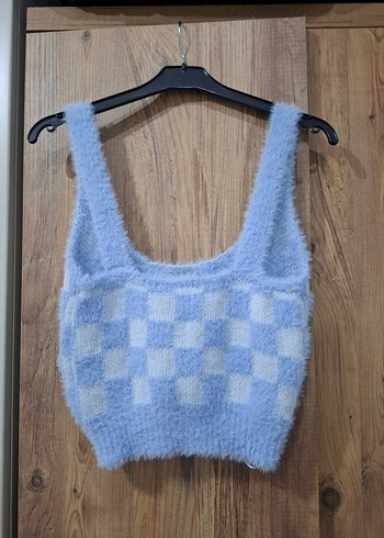Mavi Kareli Örgü Kolsuz Triko Süveter - Görsel 2