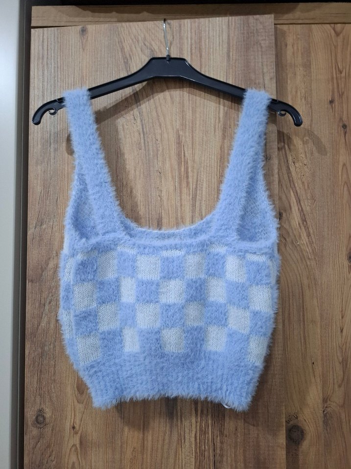 Mavi Kareli Örgü Kolsuz Triko Süveter - Görsel 2