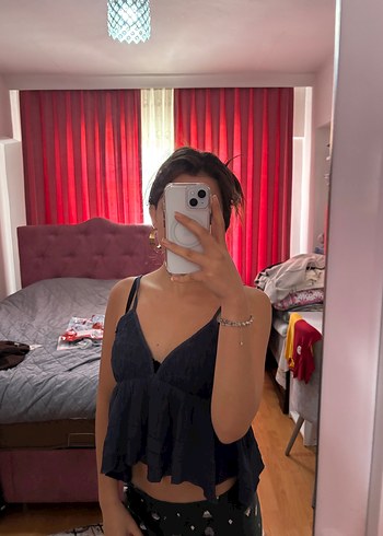 Lacivert dantel detaylı askılı ayarlanabilir şirin üst - Görsel 3