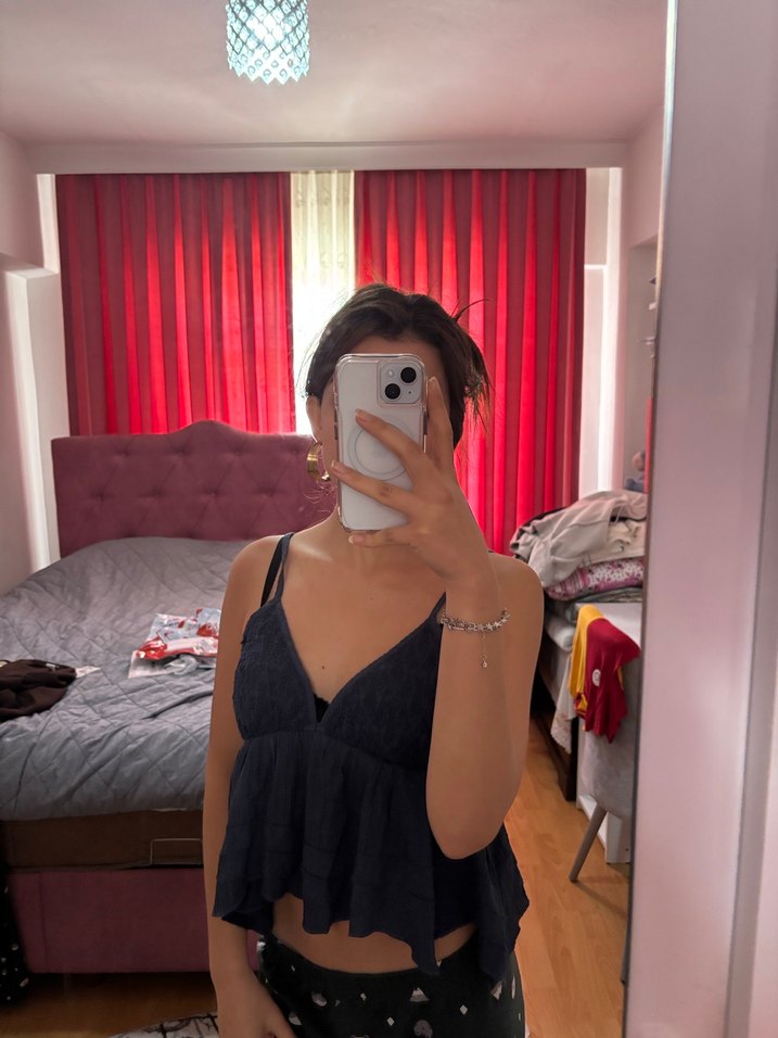 Lacivert dantel detaylı askılı ayarlanabilir şirin üst - Görsel 3