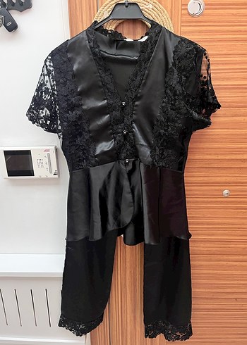 4 parça Nakışlı Siyah Uzun Kadın Sabahlık - Görsel 4
