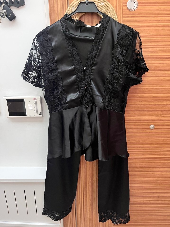 4 parça Nakışlı Siyah Uzun Kadın Sabahlık - Görsel 4